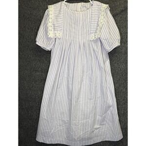 Lavender Striped Eyelet Lace Bib Shift Dress Short Puff Sleeve Cottagecore Mini